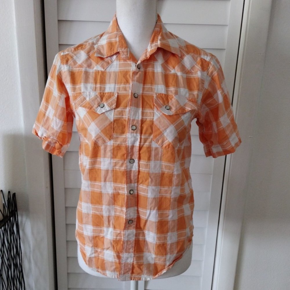 Polo Ralph Lauren Western orange plaid pearl snap button closure short sleeve M